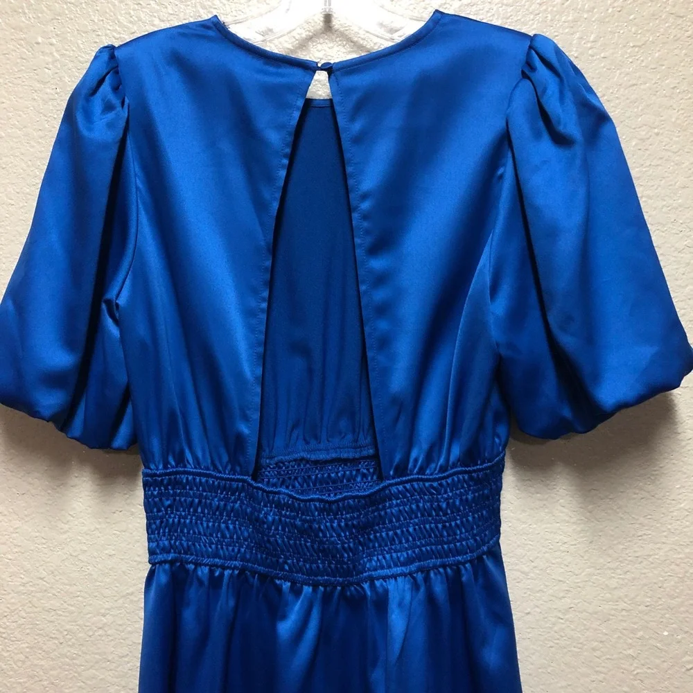 Glam Los‎ Angeles Royal Blue Satin Open Back Smocked Mini Dress GD3845 Small NWT